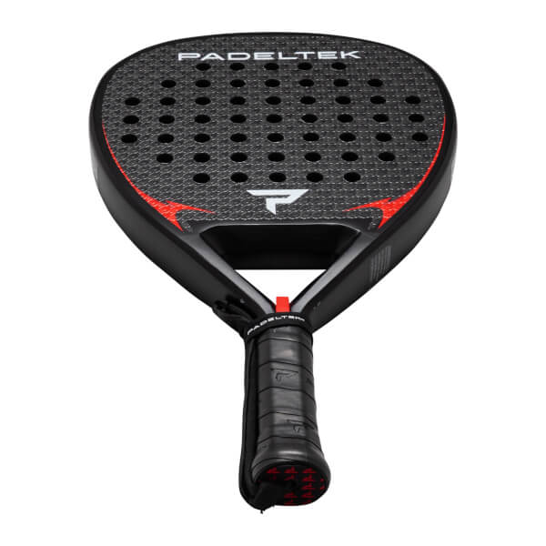 Front view of a black Padeltek paddle with red accents and a white "P" logo.