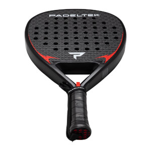 Front view of a black Padeltek paddle with red accents and a white "P" logo.