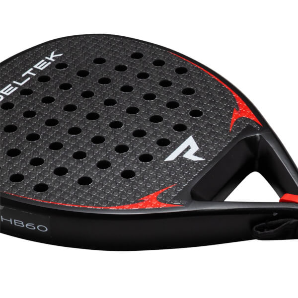Close-up of a black padel racket face with red accents, showing the "BELTEK" logo and "HB60" text.