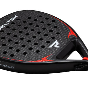 Close-up of a black padel racket face with red accents, showing the "BELTEK" logo and "HB60" text.