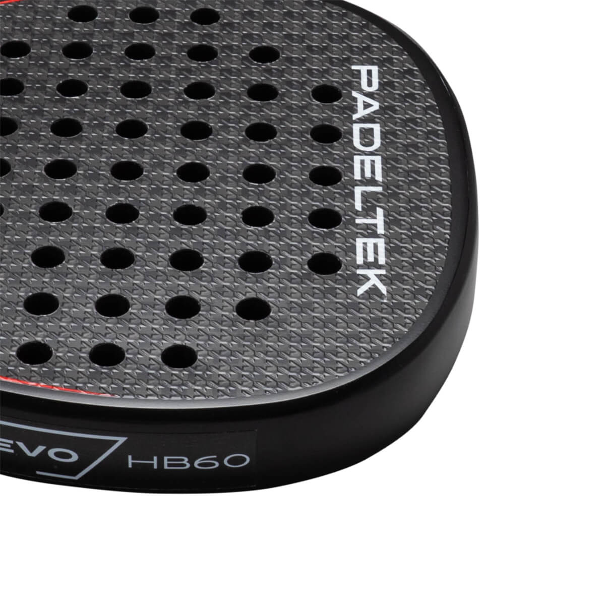 Corner view of a black padel racket showing the "PADELTEK" logo, circular holes, and "EVO HB60" text.
