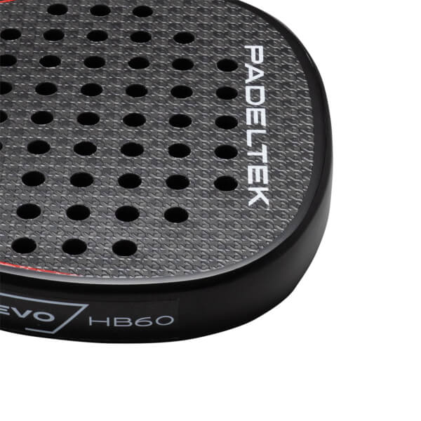 Corner view of a black padel racket showing the "PADELTEK" logo, circular holes, and "EVO HB60" text.
