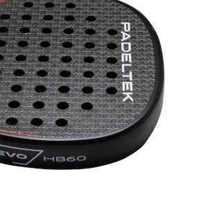 Corner view of a black padel racket showing the "PADELTEK" logo, circular holes, and "EVO HB60" text.