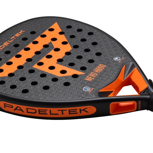 Close-up of a black and orange padel racket showing the "PADELTEK" logo and "NEVO HR90" text.