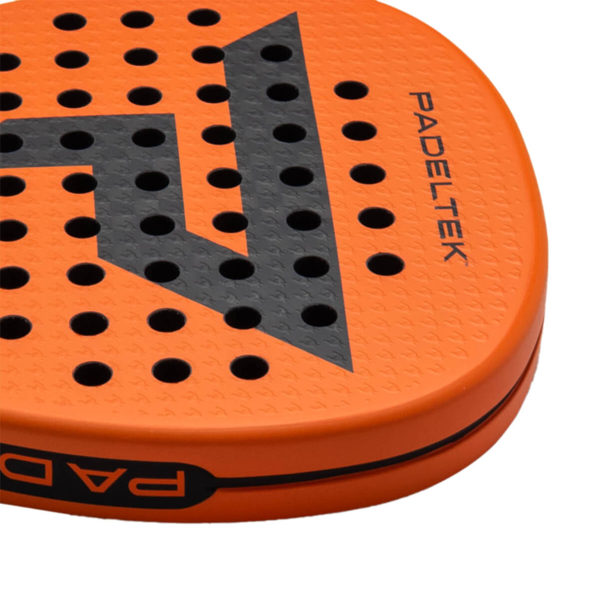 Close-up of an orange padel racket showing a black "V" design and the word "PADELTEK".