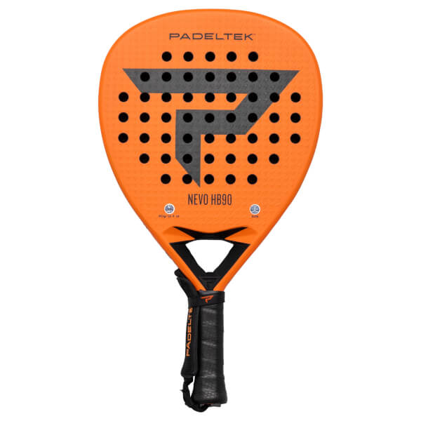 Front view of an orange Padeltek racket with a black "P" logo and "NEVO HB90" text.