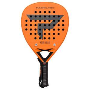 Front view of an orange Padeltek racket with a black "P" logo and "NEVO HB90" text.
