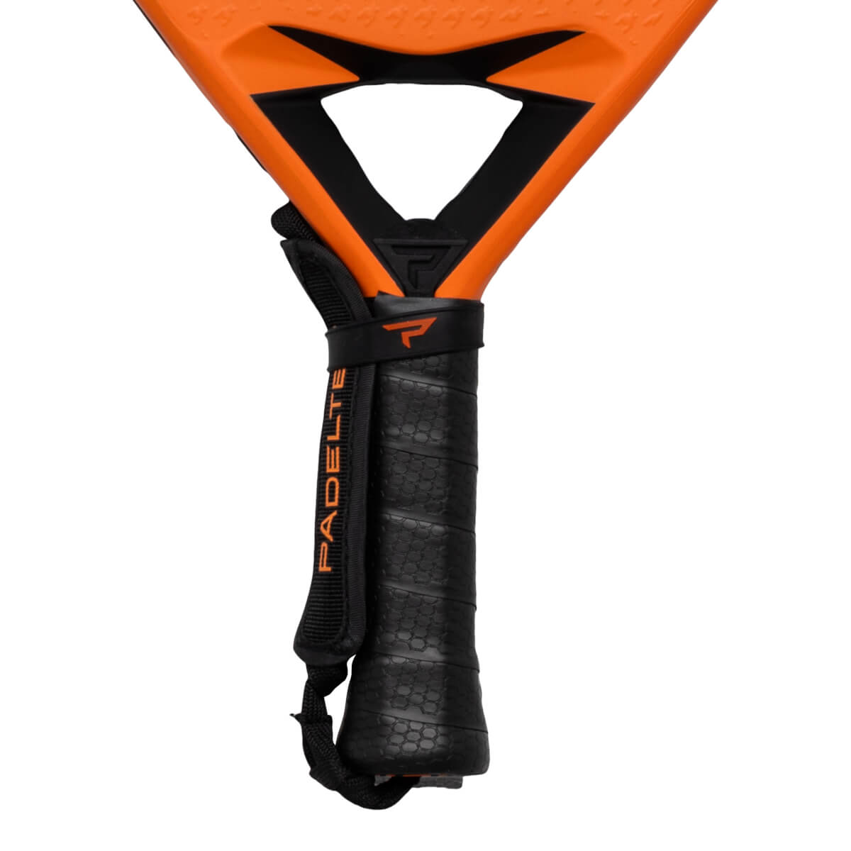 Close-up of a padel racket handle with a black grip, a wrist strap, and the word "PADEL" visible.