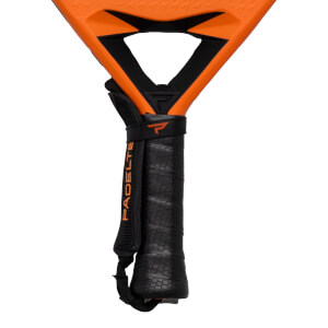 Close-up of a padel racket handle with a black grip, a wrist strap, and the word "PADEL" visible.