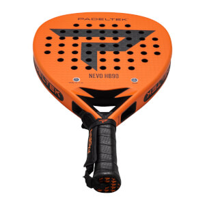 Top-down view of an orange Padeltek NEVO HB90 racket with a black "P" logo and textured grip.