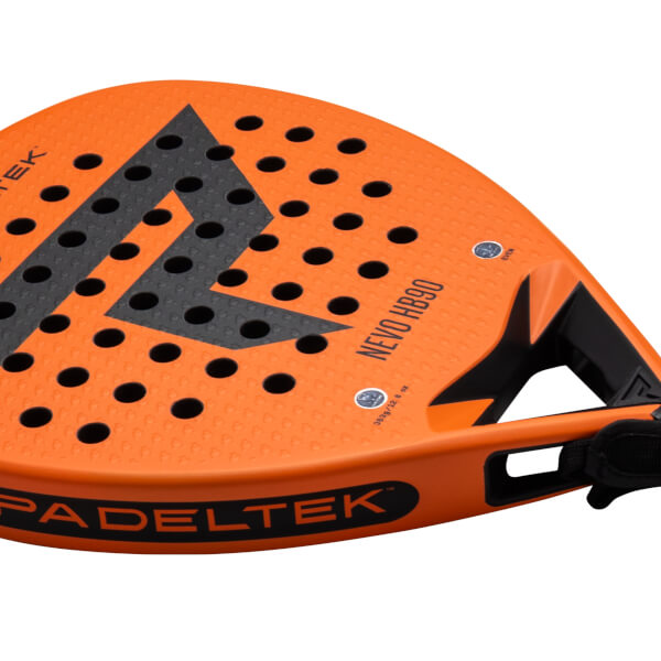 Corner view of an orange padel racket with black accents, showing the "PADELTEK" logo and "NEVO HB90" text.