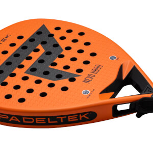 Corner view of an orange padel racket with black accents, showing the "PADELTEK" logo and "NEVO HB90" text.