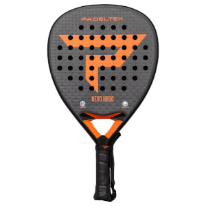 Front view of a black and orange Padeltek Nevo HB90 racket with a textured surface and a prominent orange "P" logo.
