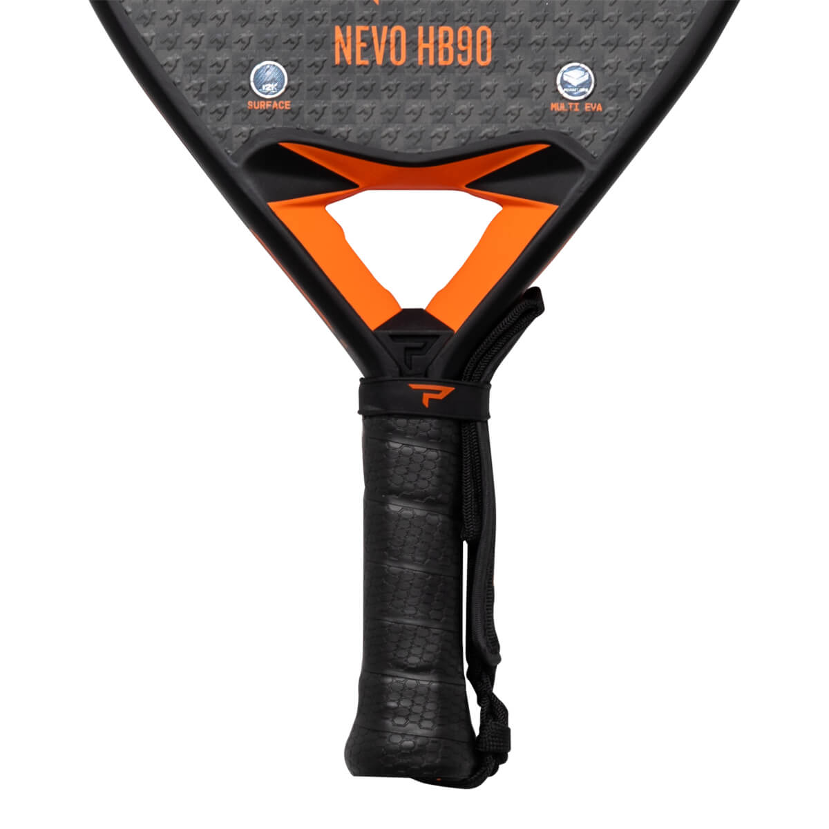 Top-down view of a black and orange padel racket with "NEVO HB90" printed on the face.