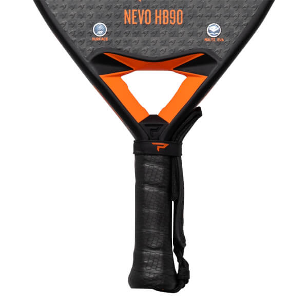 Top-down view of a black and orange padel racket with "NEVO HB90" printed on the face.
