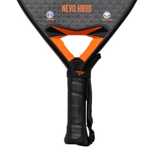 Top-down view of a black and orange padel racket with "NEVO HB90" printed on the face.