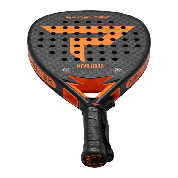 Top-down view of a black and orange Padeltek paddle with a checkered pattern and "NEVO HB90" text.