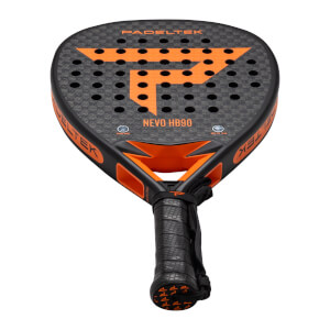 Top-down view of a black and orange Padeltek paddle with a checkered pattern and "NEVO HB90" text.