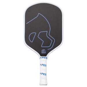Front view of a black pickleball paddle with a blue outline graphic, "APES" logo on the white grip, and "USA PICKLEBALL APPROVED" text.