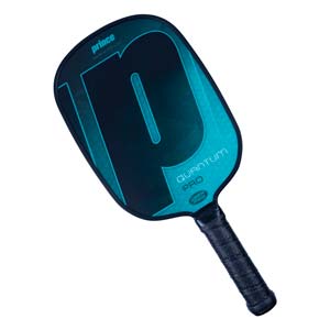 Top-down view of a teal and black pickleball paddle with a large P graphic and QUANTUM PRO text.