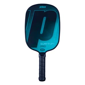 Front view of a black pickleball paddle with a large teal P graphic, QUANTUM PRO text, and a textured grip.