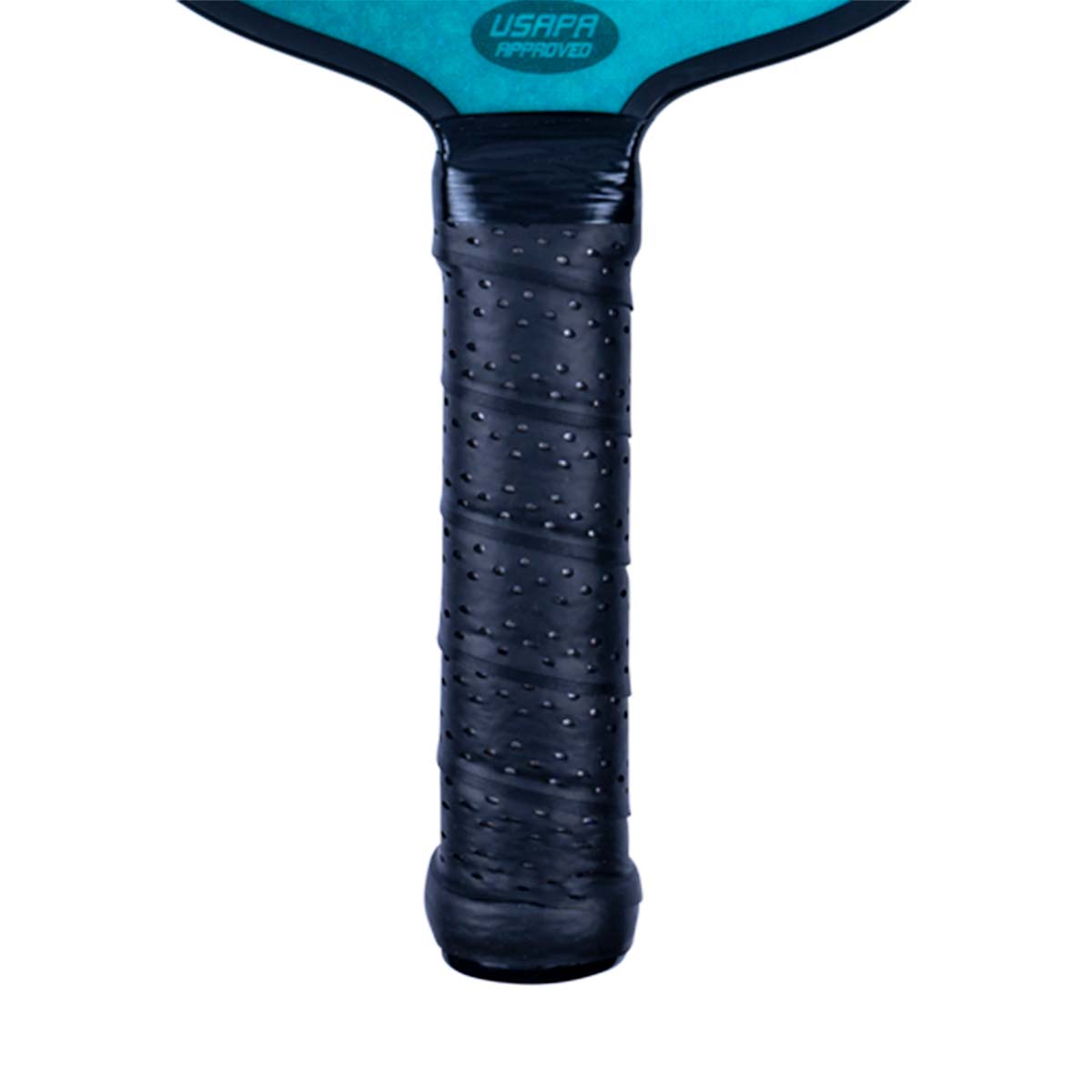 Top-down view of a teal pickleball paddle with a black perforated grip and USAPA APPROVED text.