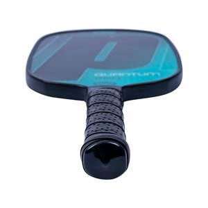 Top-down view of a black pickleball paddle with teal accents and QUANTUM PRO text.