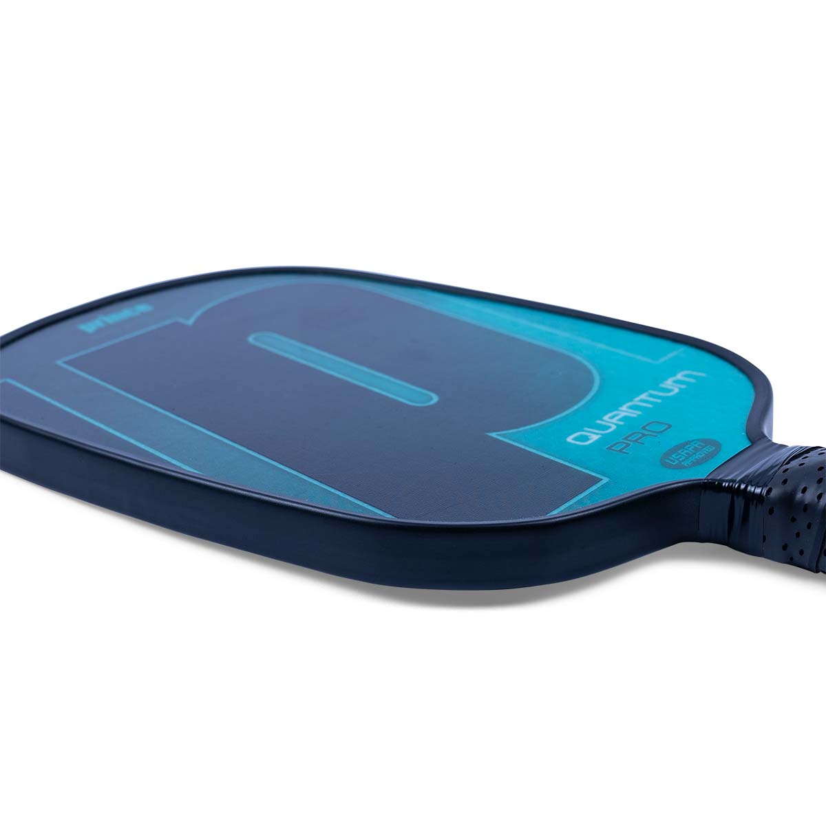 Side view of a dark blue pickleball paddle with a large teal P graphic and QUANTUM PRO text.