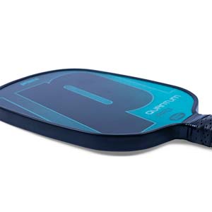Side view of a dark blue pickleball paddle with a large teal P graphic and QUANTUM PRO text.