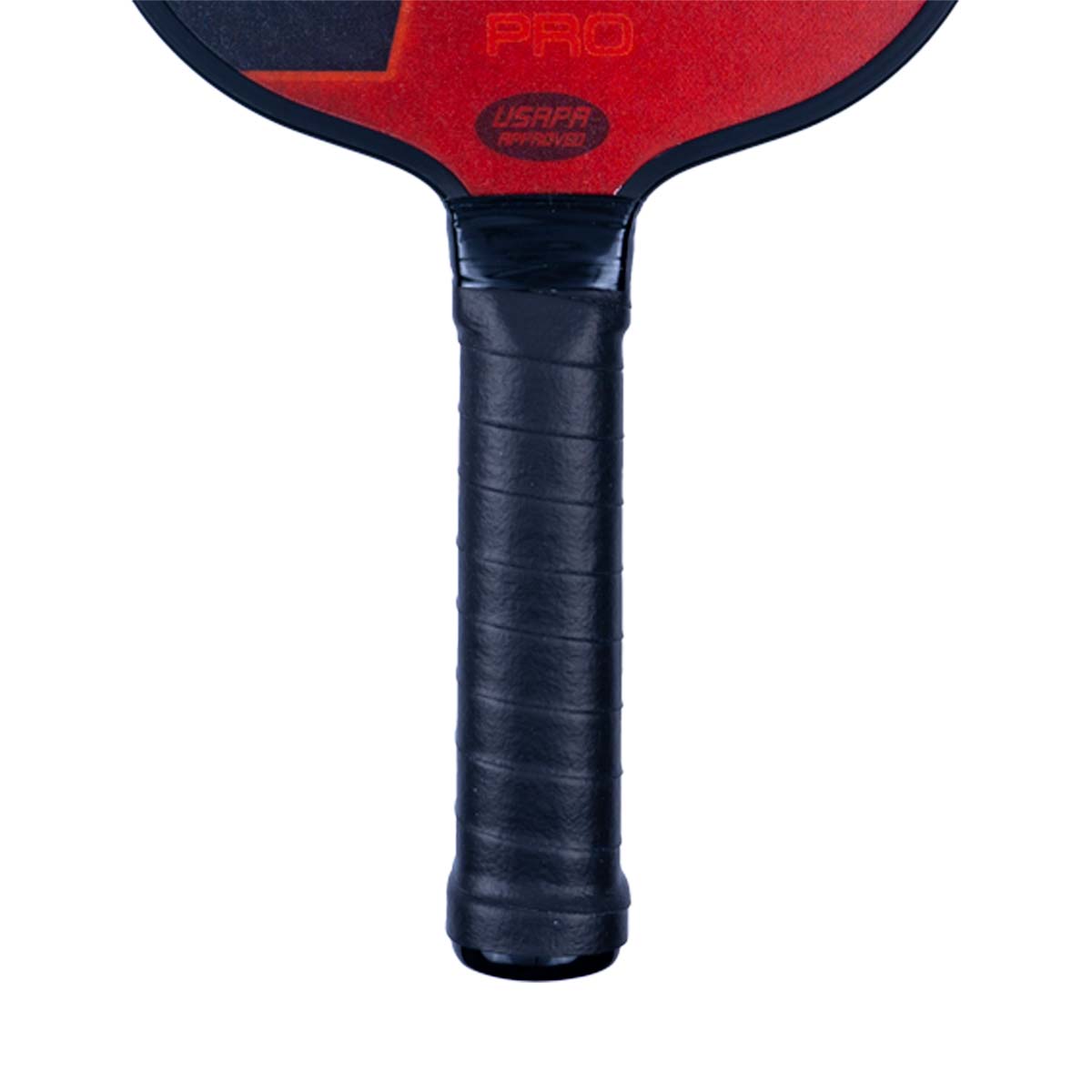 Close-up of a black grip on a red pickleball paddle with PRO and USAPA APPROVED text.