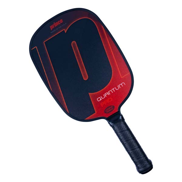 Top-down view of a black pickleball paddle with a large red P and QUANTUM PRO text.