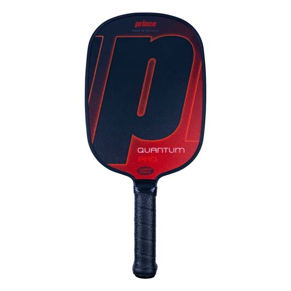 Front view of a black pickleball paddle with a large red P logo, Quantum Pro text, and textured grip.