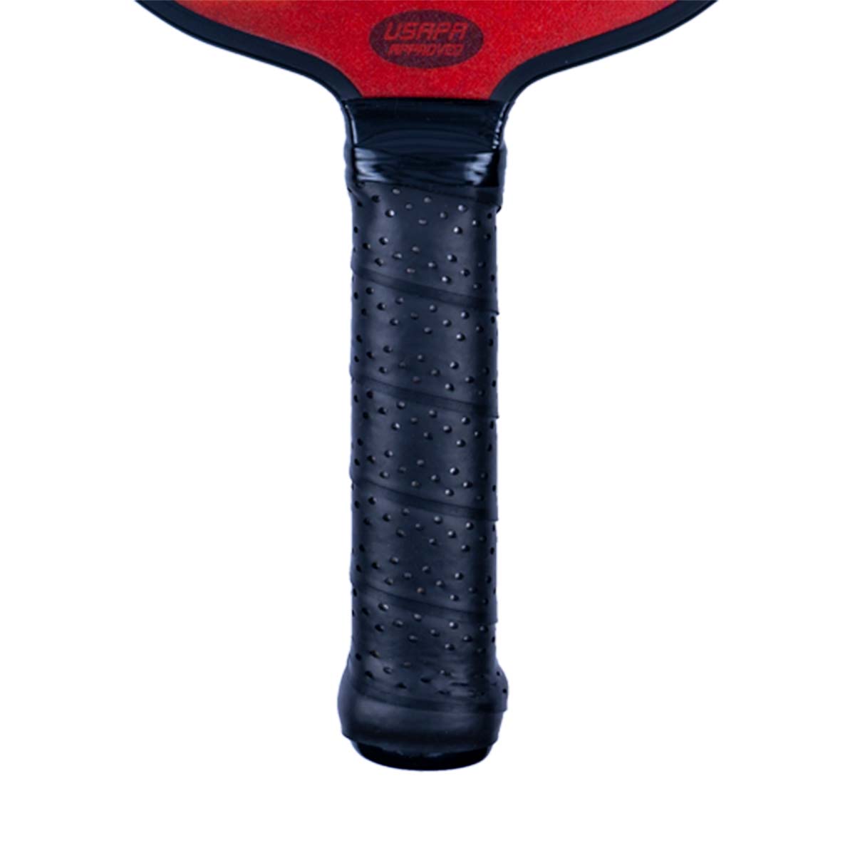 Close-up of a black pickleball paddle grip with a textured pattern and USAPA approved logo.