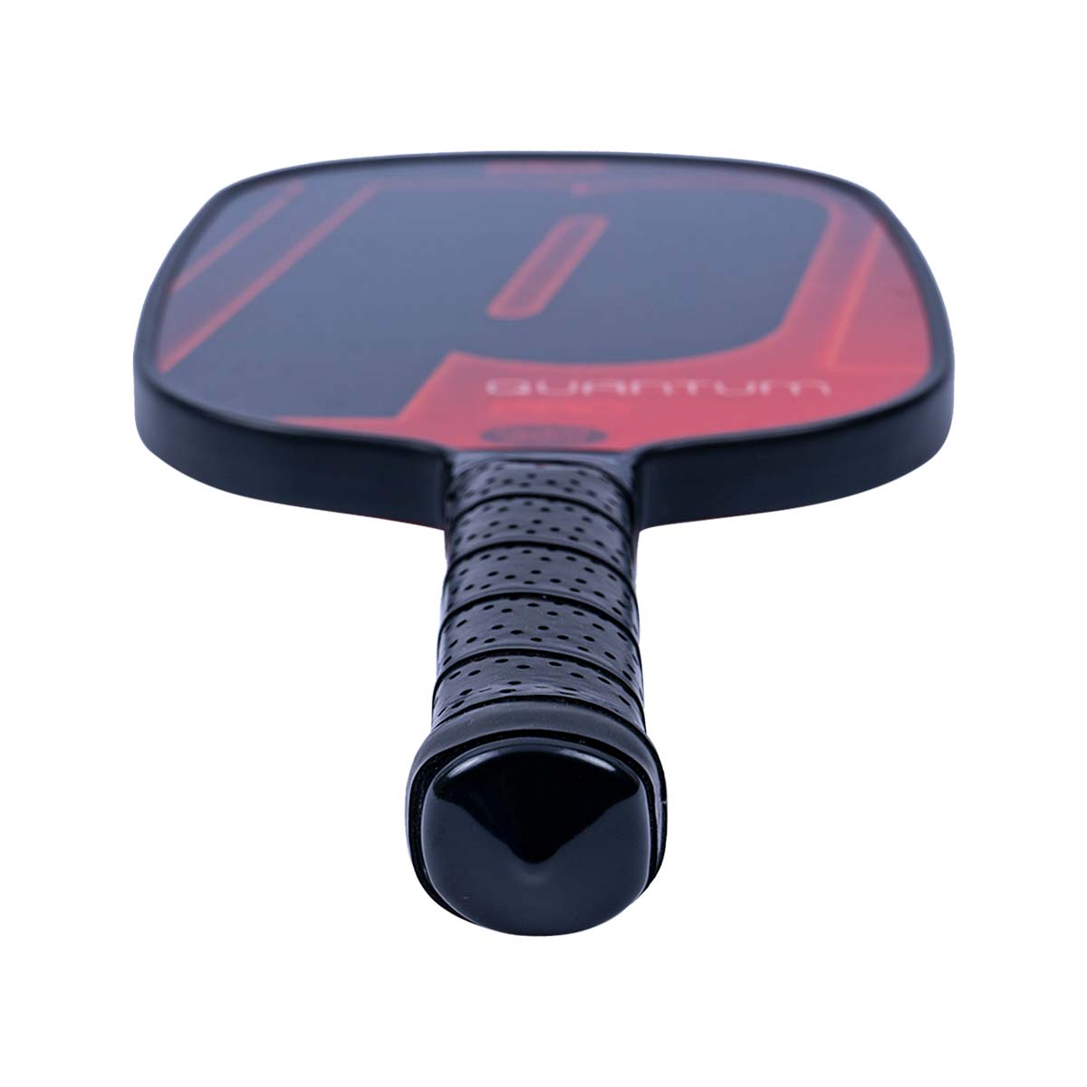 Top-down view of a black and red pickleball paddle with a large P logo and QUANTUM text.