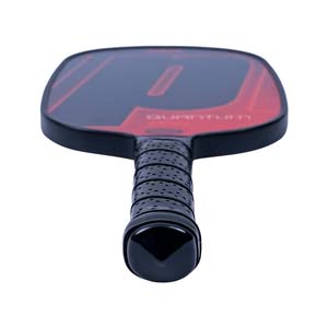 Top-down view of a black and red pickleball paddle with a large P logo and QUANTUM text.