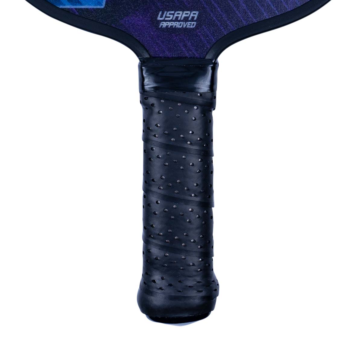 Close-up of a black pickleball paddle grip with USAPA APPROVED text on the neck.