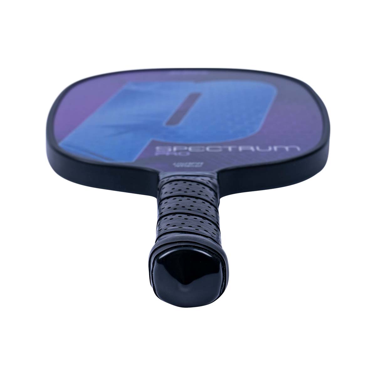 Bottom-down view of a black pickleball paddle with a purple and blue face, large P logo, and perforated grip.