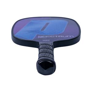 Bottom-down view of a black pickleball paddle with a purple and blue face, large P logo, and perforated grip.