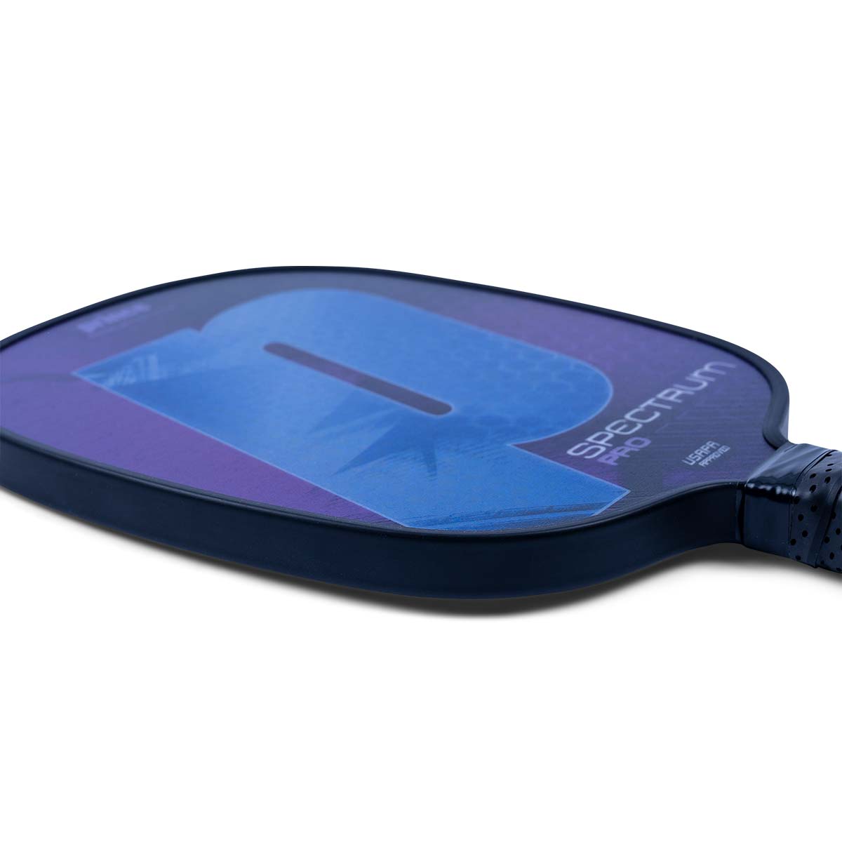 Side view of a blue and purple pickleball paddle with a large P graphic and SPECTRUM PRO text.