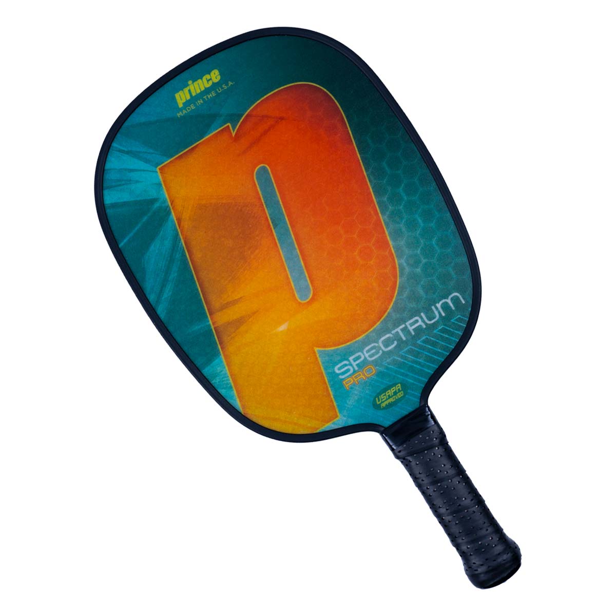Top-down view of a teal and orange pickleball paddle with a large P graphic and Spectrum Pro text.