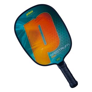 Top-down view of a teal and orange pickleball paddle with a large P graphic and Spectrum Pro text.