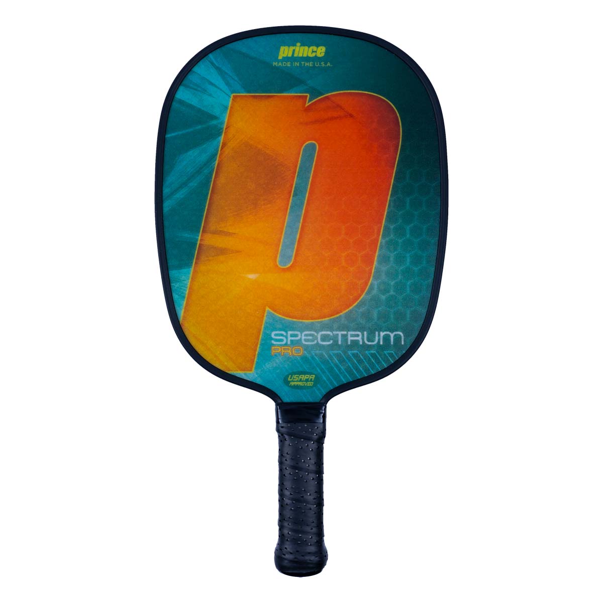 Front view of a blue and orange pickleball paddle with a large P graphic and SPECTRUM PRO text.