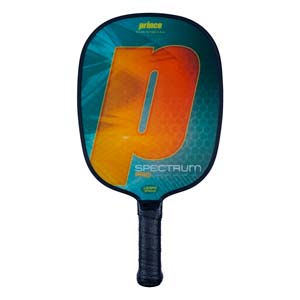 Front view of a blue and orange pickleball paddle with a large P graphic and SPECTRUM PRO text.