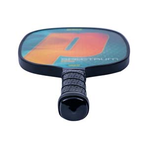 Top-down view of a multi-colored pickleball paddle with a large P logo and textured grip.