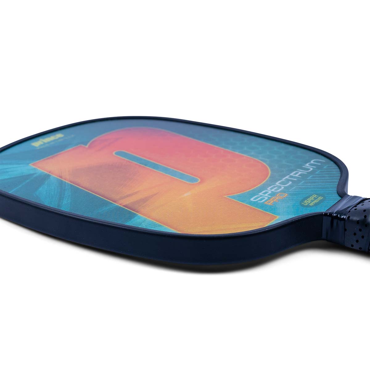 Side view of a blue pickleball paddle with a large orange R graphic, SPECTRUM PRO text, and USAPA approved stamp.