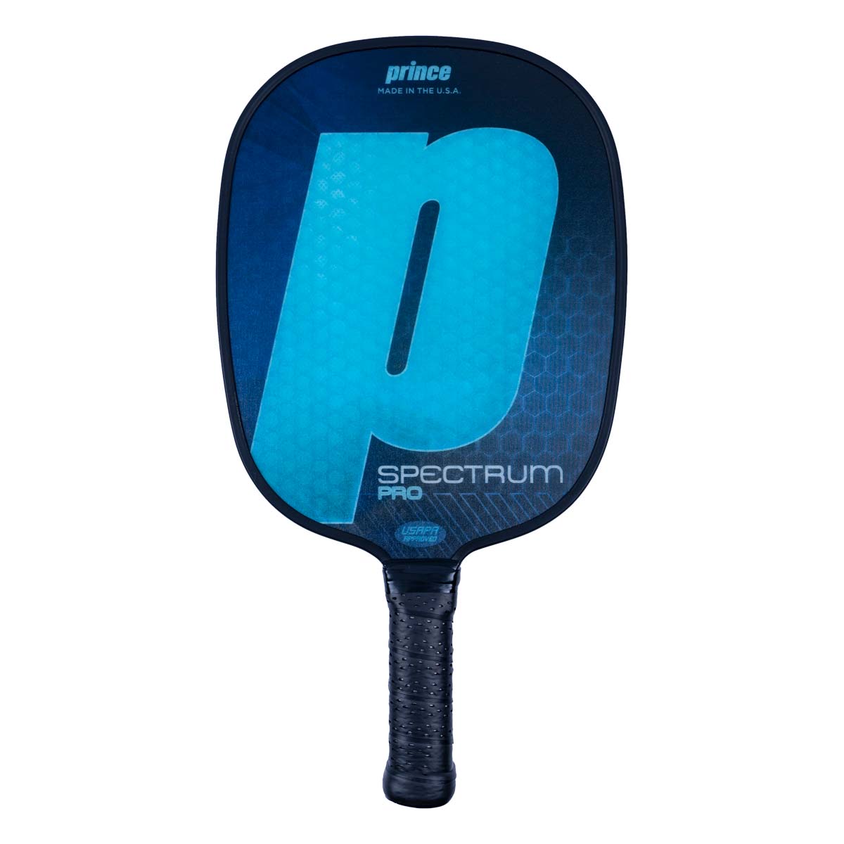 Front view of a blue pickleball paddle with a large P logo and SPECTRUM PRO text.