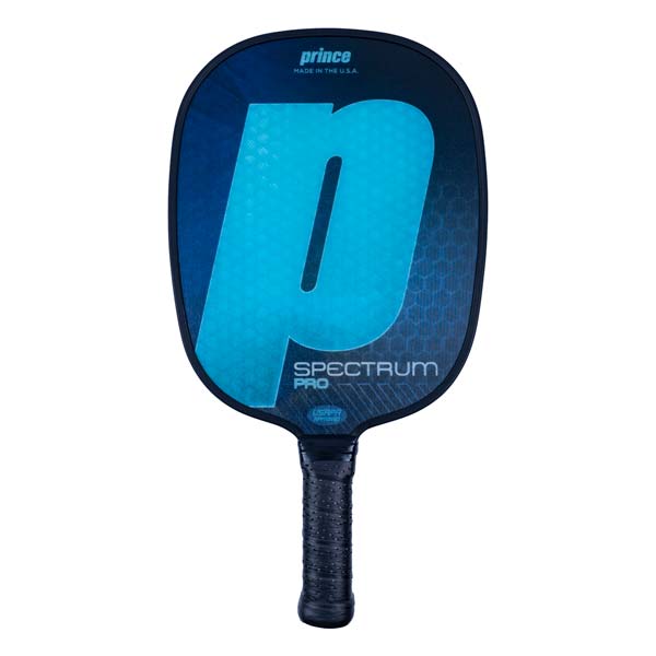 Front view of a blue pickleball paddle with a large P logo and SPECTRUM PRO text.