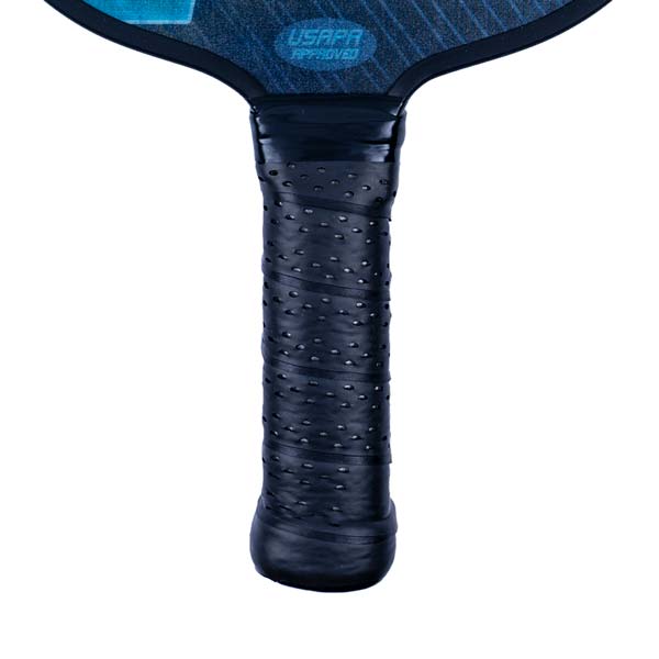 Close-up of a black pickleball paddle grip with USAPA APPROVED text on the paddle head.