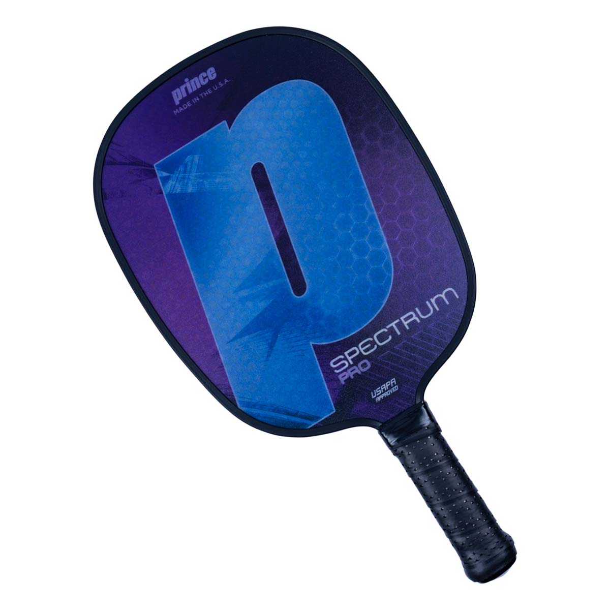 Top-down view of a purple and blue pickleball paddle with a large P graphic and SPECTRUM PRO text.