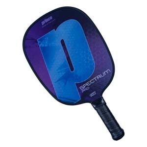 Top-down view of a purple and blue pickleball paddle with a large P graphic and SPECTRUM PRO text.